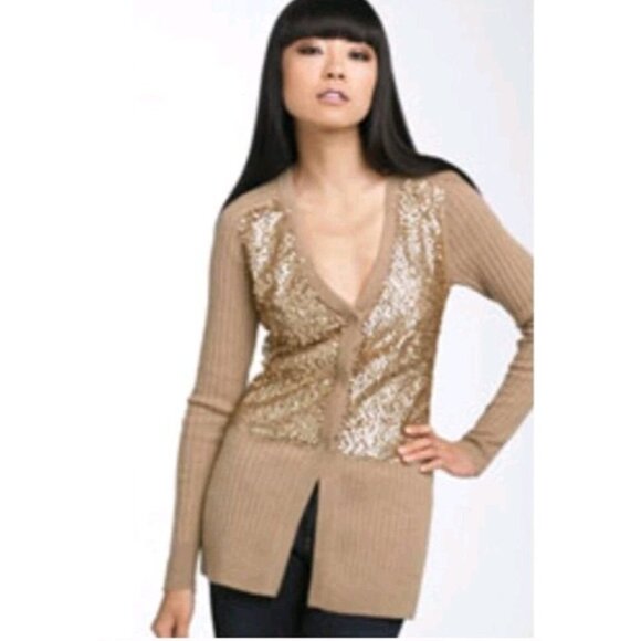 Nanette Lepore  Merino Wool Sequined Snap Closure Cardigan Sweater Brown Medium - Picture 1 of 7